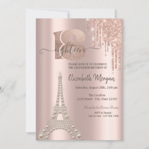 Glitter Drips Eiffel Tower 18th Birthday Invitation