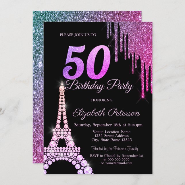Glitter Drips,Eiffel Tower Black 50th Birthday Invitation (Front/Back)