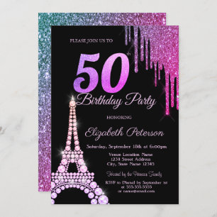 Glitter Drips,Eiffel Tower Black 50th Birthday Invitation
