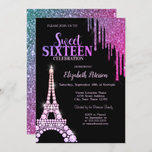  Glitter Drips,Eiffel Tower Black Sweet 16 Invitation