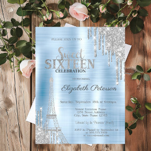 Glitter Drips, Eiffel Tower Blue Metallic Sweet 16 Invitation