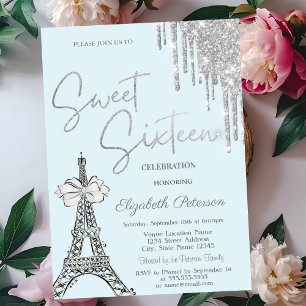 Glitter Drips Eiffel Tower Bow Blue Sweet 16 Invitation