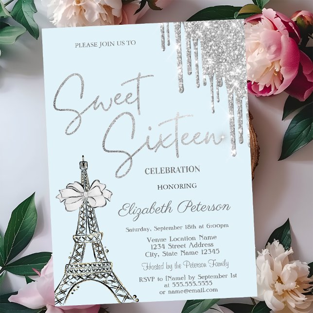  Glitter Drips Eiffel Tower Bow Blue Sweet 16   Invitation (Creator Uploaded)