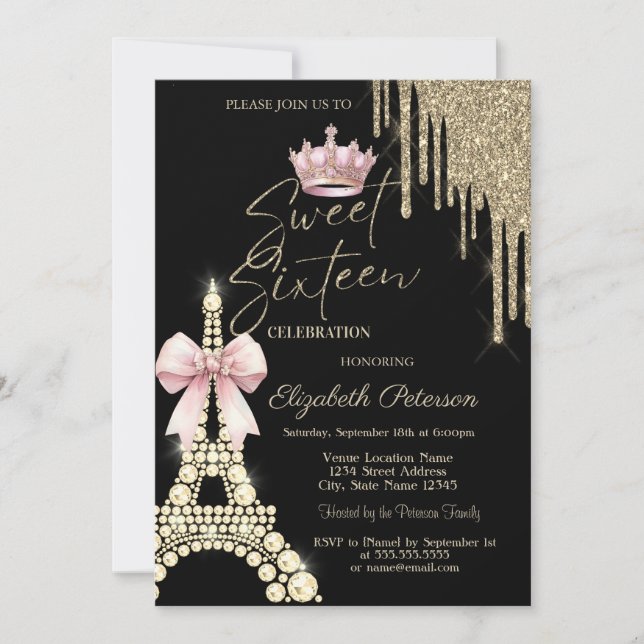 Glitter Drips,Eiffel Tower Bow Crown Sweet 16  Invitation (Front)