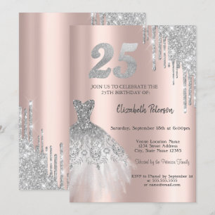 Glitter Drips, Eiffel Tower Dress 25th Birthday Invitation