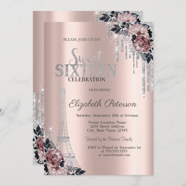 Glitter Drips, Eiffel Tower Flowers Sweet 16 I Invitation (Front/Back)