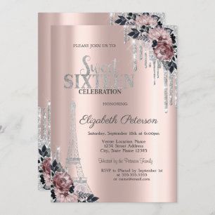 Glitter Drips, Eiffel Tower Flowers Sweet 16 I Invitation