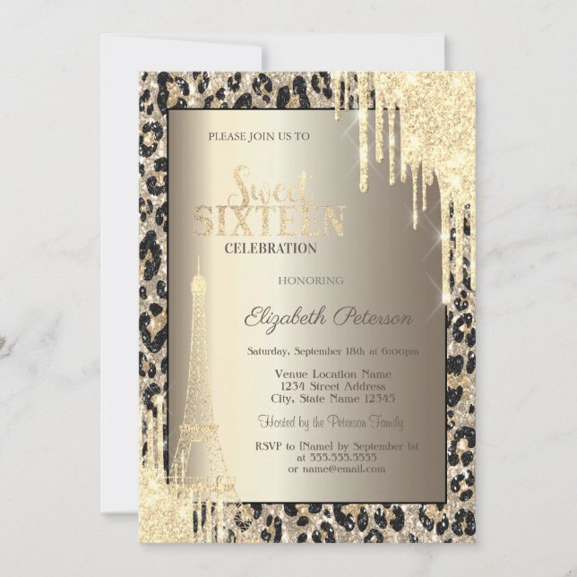 Glitter Drips, Eiffel Tower Leopard Print Sweet 16 Invitation (Front)