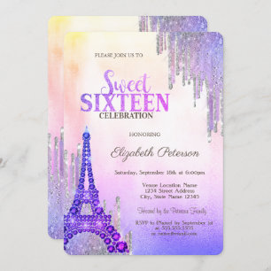 Glitter Drips Eiffel Tower Metallic Sweet 16  Invitation