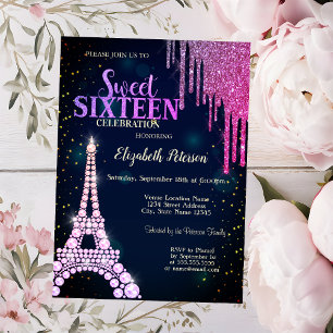 Glitter Drips,Eiffel Tower Navy Blue Sweet 16  Invitation