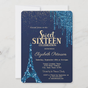 Glitter Drips,Eiffel Tower Navy Blue Sweet 16 Invitation