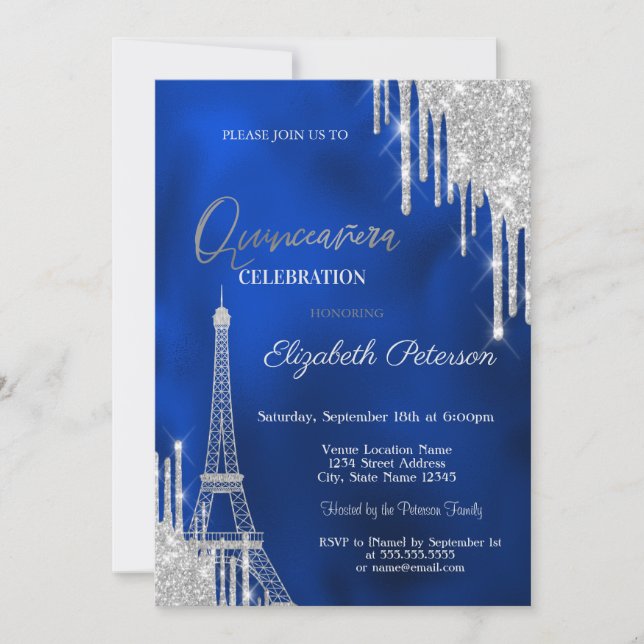 Glitter Drips, Eiffel Tower Royal Blue Quinceañera Invitation (Front)