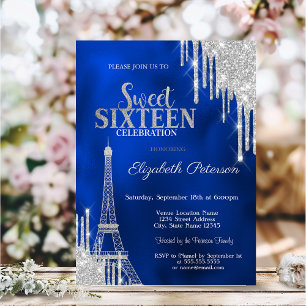 Glitter Drips, Eiffel Tower Royal Blue Sweet 16 Invitation