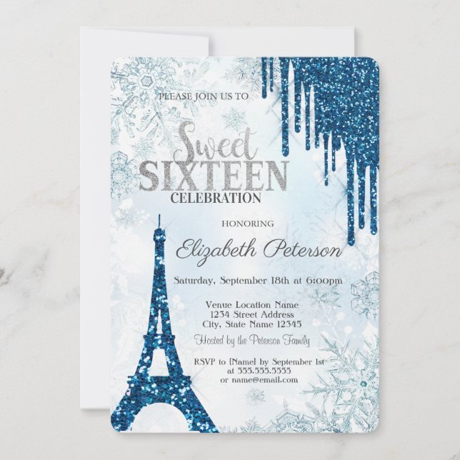 Glitter Drips,Eiffel Tower Snowflakes Sweet 16 Invitation (Front)