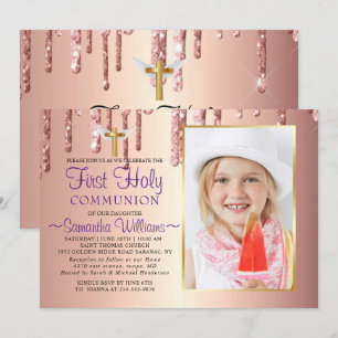 Glitter Drips Elegant Photo First Communion Invitation