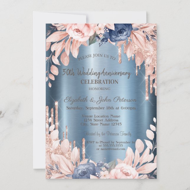 Glitter Drips Floral Blue Wedding Anniversary Invitation (Front)