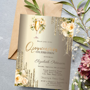 Glitter Drips Floral Champagne Glass Quinceañera Invitation