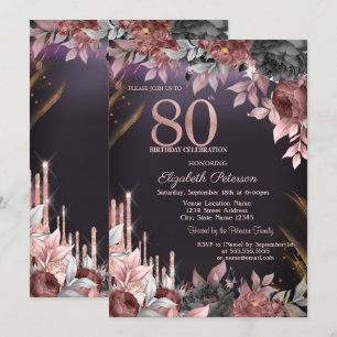  Glitter Drips Floral Dark Purple 80th Birthday  Invitation