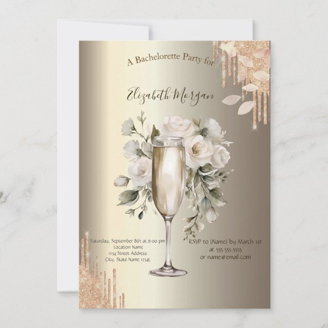 Glitter Drips Floral Glass Champagne Bachelorette  Invitation (Front)
