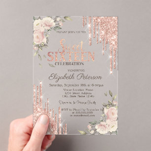  Glitter Drips Floral Rose Gold Floral Sweet 16 Acrylic Invitations