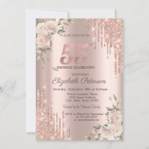 Glitter Drips Floral Rose Gold Your Photo 55h  Invitation
