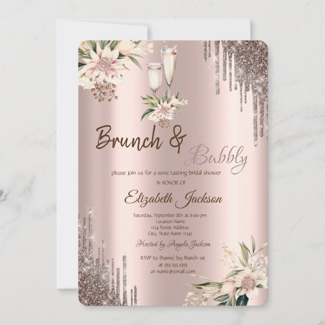 Glitter Drips Floral Wine Glass Bridal Shower Invitation (Front)