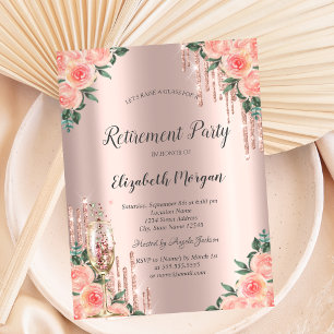 Glitter Drips,Flowers,Glass Rose Gold Retirement Invitation