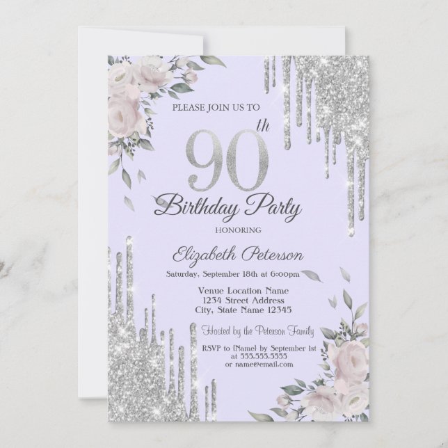 Glitter Drips,Flowers Lavander 90th Birthday Invitation (Front)