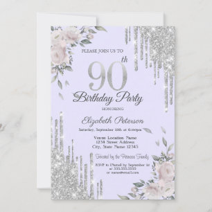 Glitter Drips,Flowers Lavander 90th Birthday Invitation