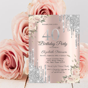 Glitter Drips,Flowers Rose Gold 40th Birthday Invitation