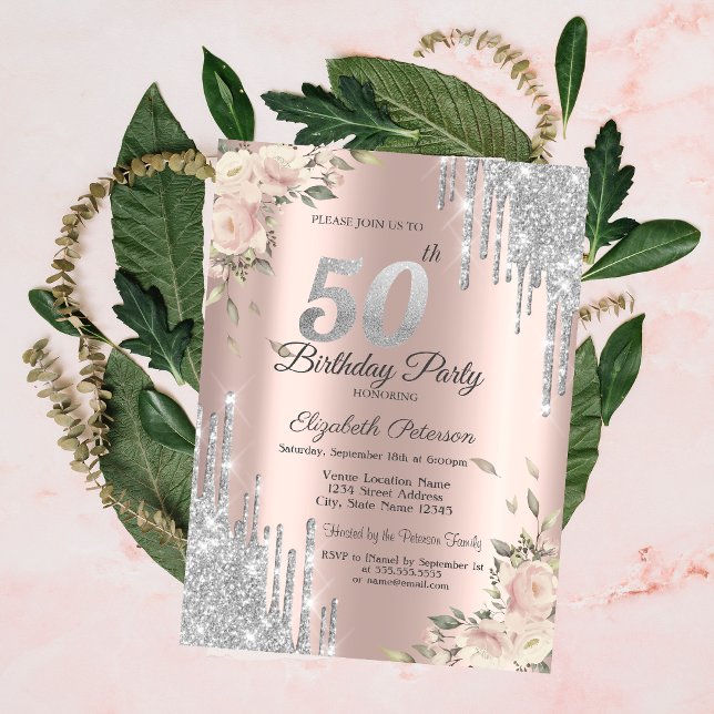 Glitter Drips,Flowers Rose Gold 50th Birthday Invitation (Creator Uploaded)