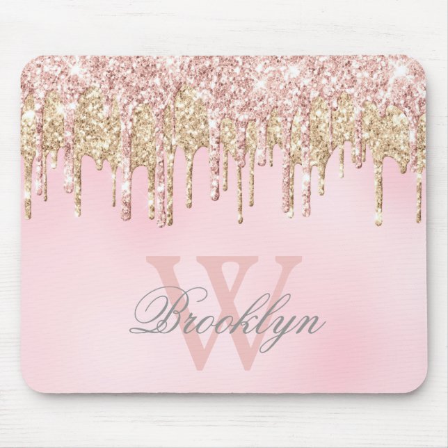 Glitter Drips Girly Blush Pink Rose Gold Monogram Mouse Mat (Front)