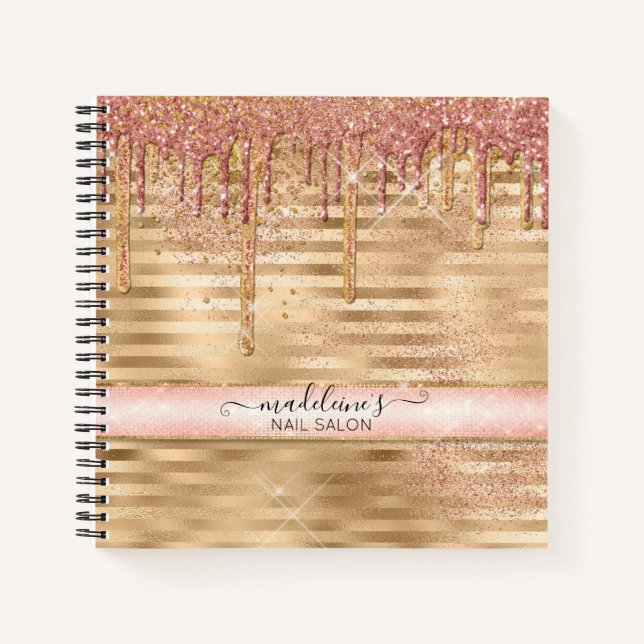 Glitter Drips Girly Rose Gold Sparkle Script Name Notebook (Front)