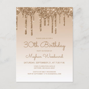Glitter Drips Gold 30th Birthday Party Invitation Postcard