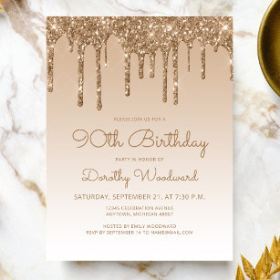 Glitter Drips Gold 90th Birthday Party Invitation Postcard