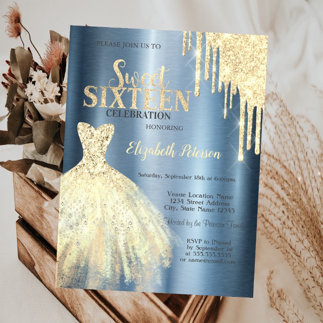  Glitter Drips Gold Dress Metallic Blue Sweet 16 Invitation (Creator Uploaded)