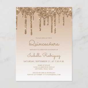 Glitter Drips Gold Quinceañera Party Postcard
