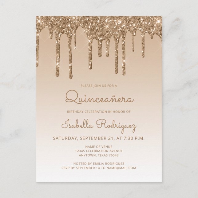 Glitter Drips Gold Quinceañera Party Postcard (Front)