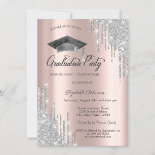 Glitter Drips,Grad Cap,Rose Gold Graduation Invitation