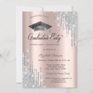 Glitter Drips,Grad Cap,Rose Gold Graduation  Invitation