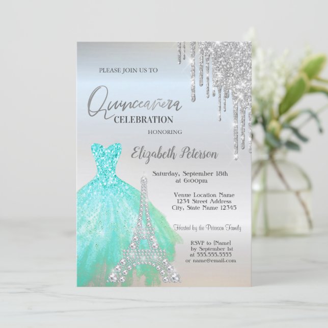 Glitter Drips,Green Dress,Eiffel Quinceañera  Invitation (Standing Front)