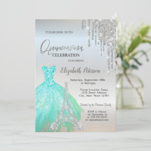 Glitter Drips,Green Dress,Eiffel Quinceañera  Invitation