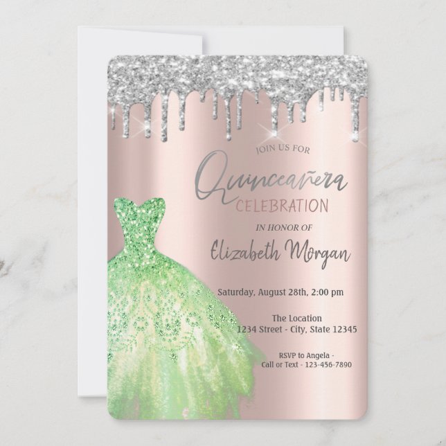 Glitter Drips,Green Dress Rose Gold Quinceañera Invitation (Front)
