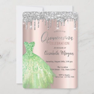 Glitter Drips,Green Dress Rose Gold Quinceañera Invitation