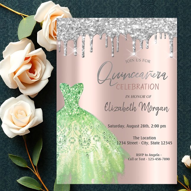 Glitter Drips,Green Dress Rose Gold Quinceañera Invitation (Creator Uploaded)