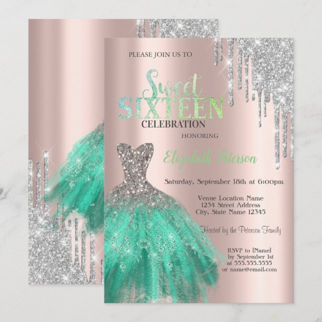 Glitter Drips,Green Dress Rose Gold Sweet 16 Invitation (Front/Back)