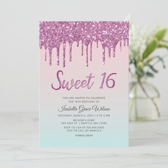 Glitter Drips Holograph Pink Sweet 16 Birthday Invitation (Standing Front)