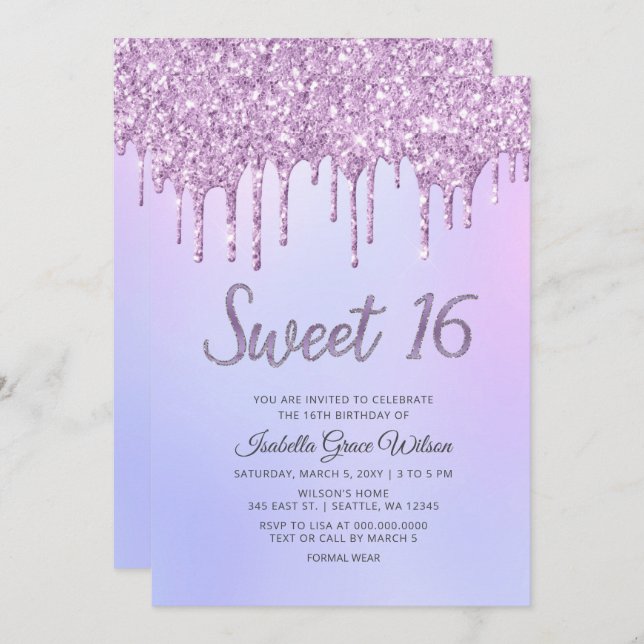 Glitter Drips Holograph Purple Sweet 16 Birthday  Invitation (Front/Back)