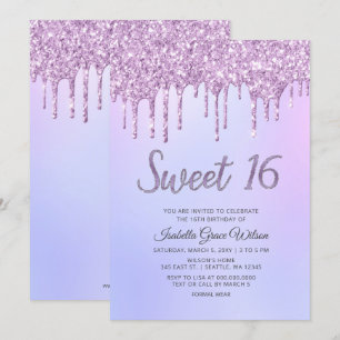 Glitter Drips Holograph Purple Sweet 16 Birthday  Invitation