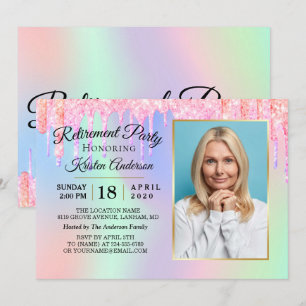 Glitter Drips Holographic Gold Retirement Party Invitation